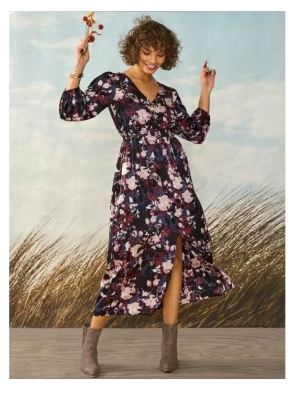 Floral Long Sleeve Maxi Dress in Black, Cream & Plum
